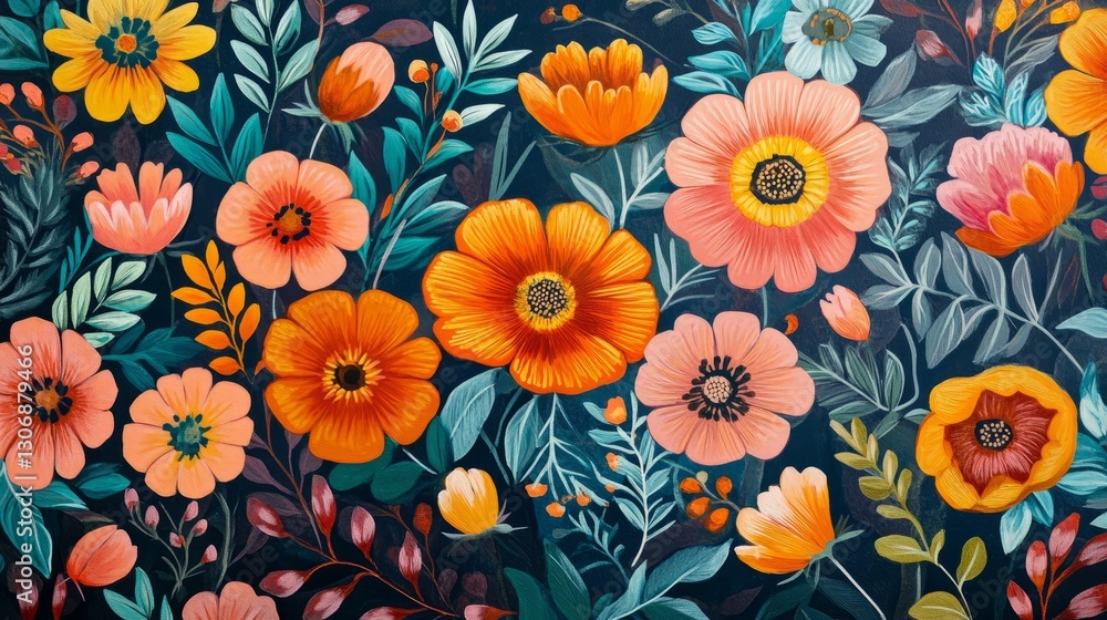 Wallpaper with cascading floral patterns in bright and warm tones, cheerful and vibrant, ultra-detailed, 4k Wallpaper with cascading floral patterns in bright and warm tones, cheerful and vibrant, ultra-detailed, 4k