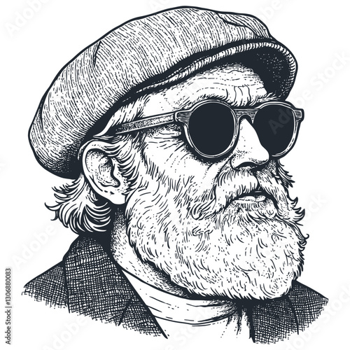Vector illustration in a detailed etching style depicting an elderly bearded man with sunglasses and a flat cap. 