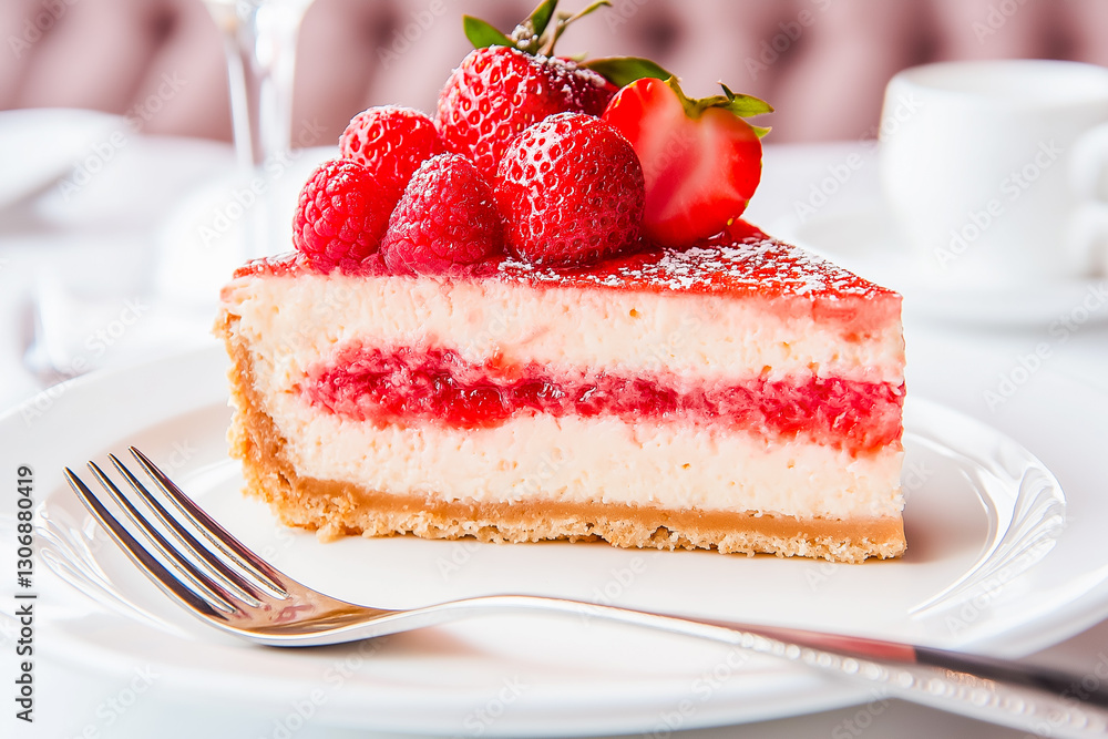 Slice of Strawberry and Raspberry Cheesecake on a White Plate Slice of Strawberry and Raspberry Cheesecake on a White Plate
