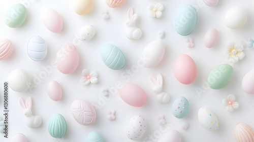 Wallpaper Mural Beautiful pastel Easter eggs with artistic designs and delicate bunny decorations arranged on a white background, creating a soft and dreamy festive aesthetic. Ideal for social media. Selective focus Torontodigital.ca