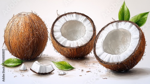 tropical coconut fruit isolated,cartoon illustration style
