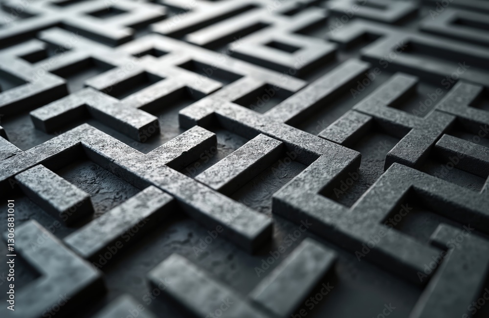 Close-up of dark stone maze. Geometric, strategic pattern. Abstract background, texture. Constructed labyrinth. Monochrome. Modern art installation. Visual challenge, puzzle. Decorative element. Close-up of dark stone maze. Geometric, strategic pattern. Abstract background, texture. Constructed labyrinth. Monochrome. Modern art installation. Visual challenge, puzzle. Decorative element.