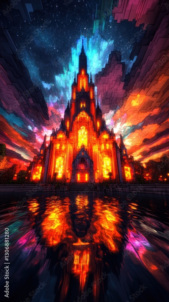 Obraz premium Fiery Gothic castle reflected in water under a vibrant, starry sky.