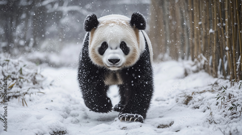 冬の雪景色の中を歩くパンダの愛らしい姿 冬の雪景色の中を歩くパンダの愛らしい姿