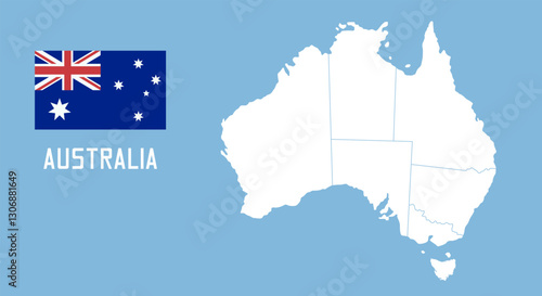 Australia map. Vector Australia map with Australia flag isolated on blue background.	