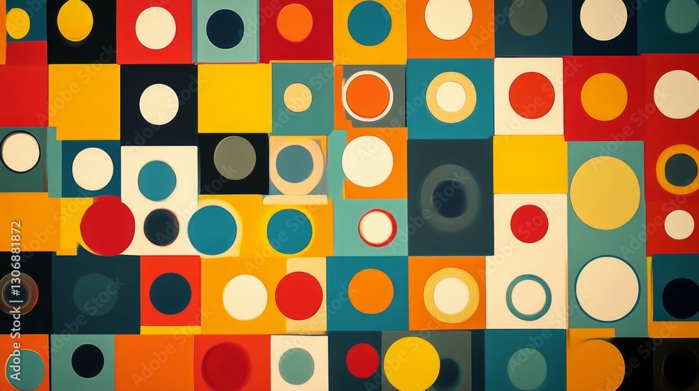 Wallpaper with retro patterns of squares and circles in bold colors, vintage and playful, ultra-detailed, 8k Wallpaper with retro patterns of squares and circles in bold colors, vintage and playful, ultra-detailed, 8k
