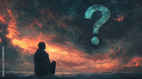 Contemplative Person Gazing at Mysterious Cosmic Question Mark in Colorful Night Sky During Sunset, Reflecting on Life's Big Questions and Possibilities