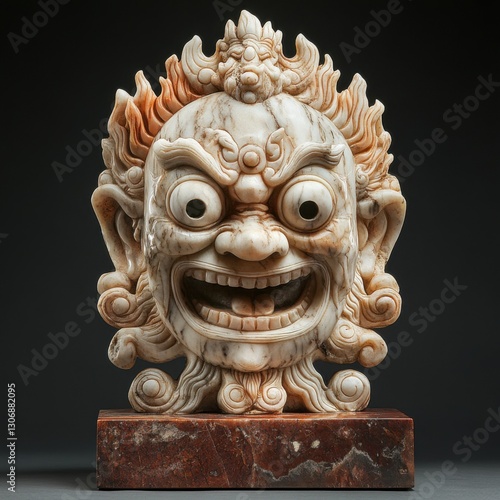 Intricate Carved Marble Sculpture of a Fierce Mythical Face photo