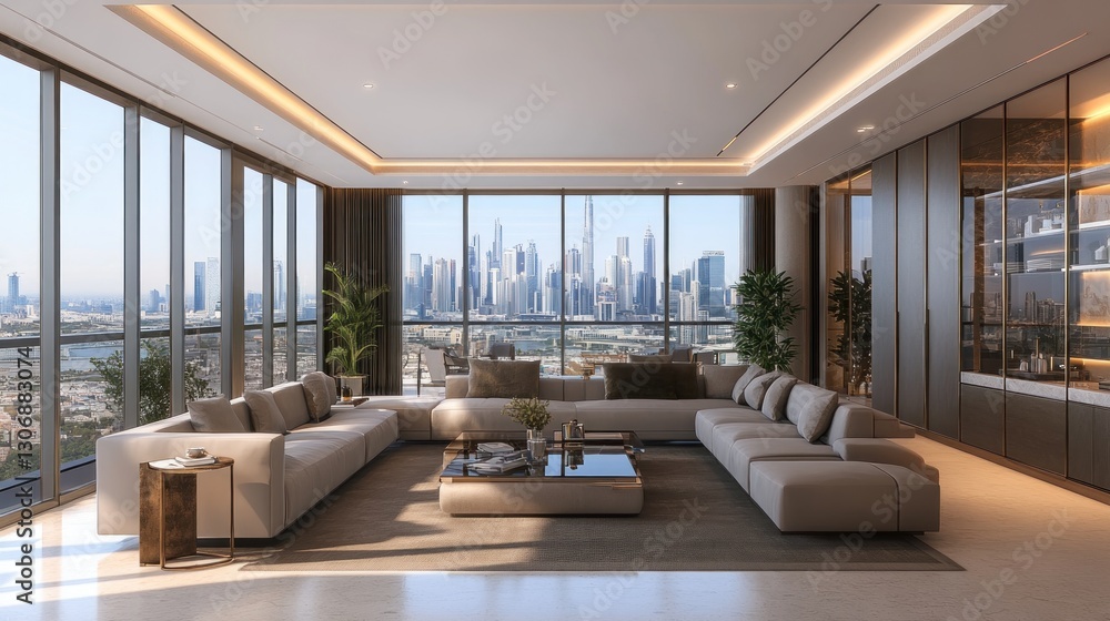 Fototapeta premium Luxurious modern apartment interior design with panoramic city views visible
