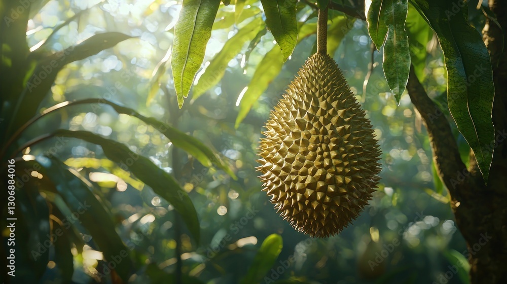 Ripe durian fruit hanging on a tree branch in a lush tropical garden. Ripe durian fruit hanging on a tree branch in a lush tropical garden.