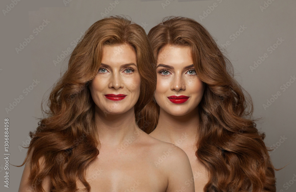 Beautiful woman before and after posing on white background. Two women portrait. Rejuvenation, cosmetic, medicine, anti aging and beauty concept Beautiful woman before and after posing on white background. Two women portrait. Rejuvenation, cosmetic, medicine, anti aging and beauty concept