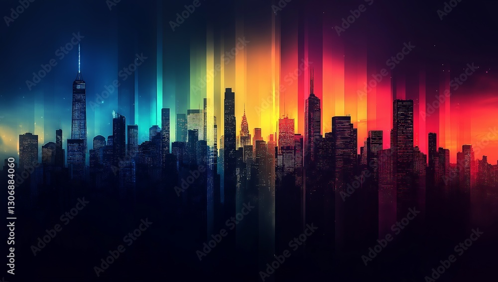 Fototapeta premium A minimalist city skyline with a deep black silhouette and a bright, colorful gradient sky. 