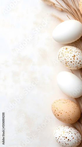 White and beige eggs with gold accents placed on dried wheat for a rustic and stylish Easter theme. A warm and organic composition ideal for digital marketing and social media. Selective focus photo