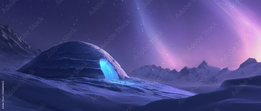 Obraz premium Serene Arctic Landscape Featuring Igloo Under a Starry Sky with Colorful Auroras Illuminating the Night and Majestic Mountains in the Background