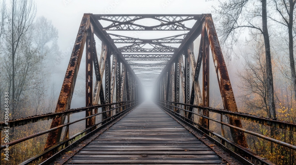 Foggy Rusty Bridge Over Autumn River Foggy Rusty Bridge Over Autumn River