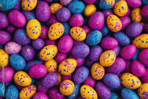 Colorful easter egg design showcasing vibrant speckles in yellow, pink, and purple for festive spring celebrations and holiday-themed decorations. Ideal for seasonal projects and events photo