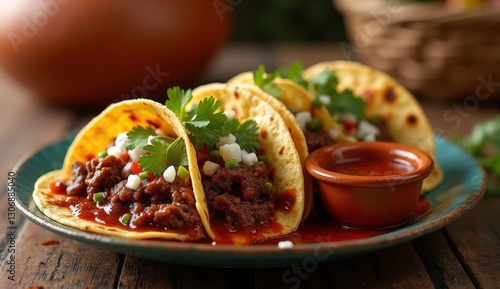 A birria tacos, made with tender, slow-cooked beef, dipped in consomé, and grilled to perfection. The tacos are served on a plate with a small bowl of rich, red consomé for dipping