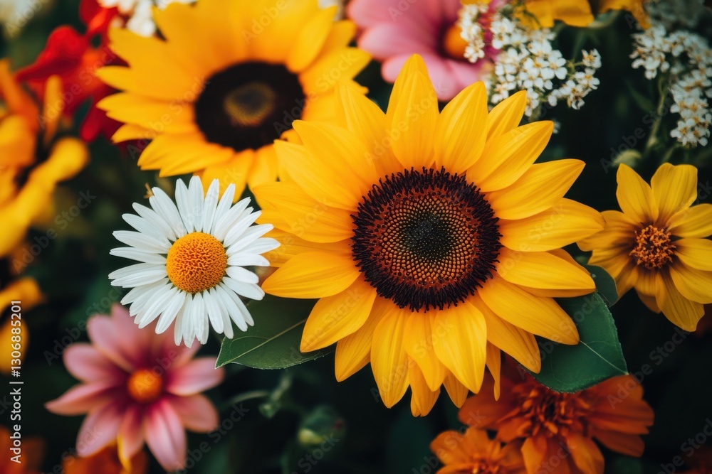 Naklejka premium Vibrant spring flower collections featuring wildflowers, daisies, and sunflowers for seasonal decor, crafts, and print designs perfect for celebrations and diy projects