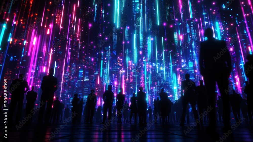 A vibrant digital landscape with glowing vertical lines and silhouettes of people, creating a mesmerizing and futuristic atmosphere. A vibrant digital landscape with glowing vertical lines and silhouettes of people, creating a mesmerizing and futuristic atmosphere.