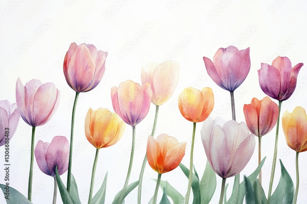 Fototapeta premium Delightful watercolor tulips blooming on pristine white canvas ideal for floral enthusiasts and art aficionados seeking beauty in nature