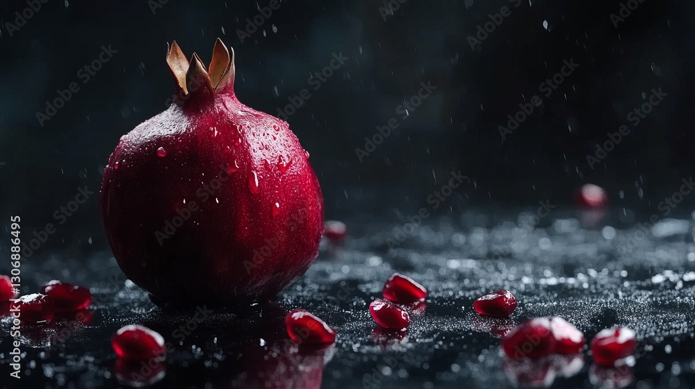 Whole pomegranate with seeds scattered on black surface, bold and dramatic, radiant and vibrant, ultra-detailed, 8k Whole pomegranate with seeds scattered on black surface, bold and dramatic, radiant and vibrant, ultra-detailed, 8k