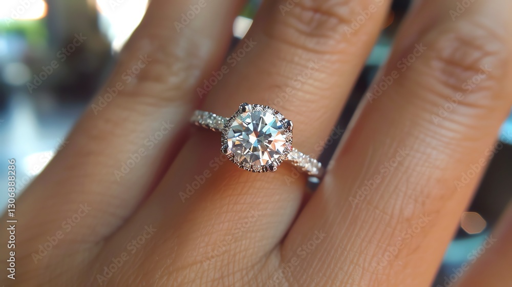 A hand displaying a large diamond engagement ring. A hand displaying a large diamond engagement ring.