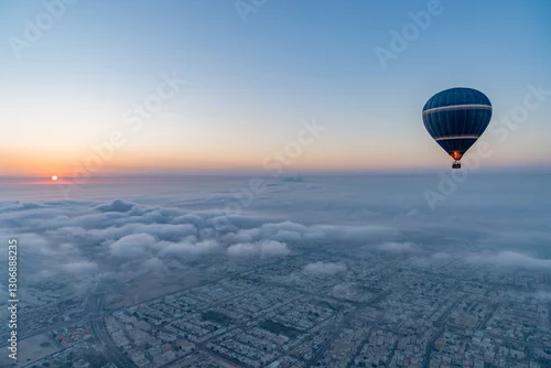 Obraz Lot balonem na ogrzane powietrze nad miastem o wschodzie słońca