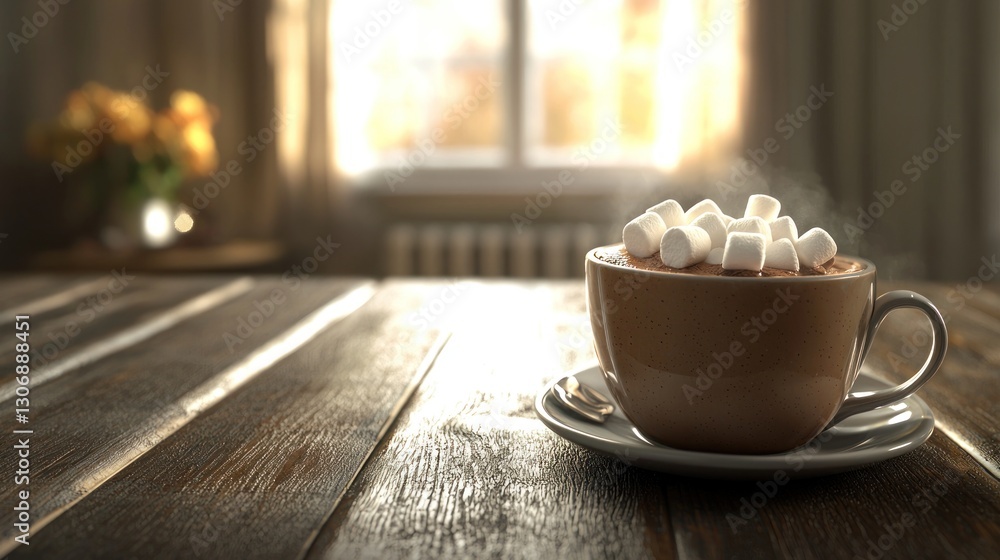 Fototapeta premium Warm cocoa with marshmallows on wooden table.