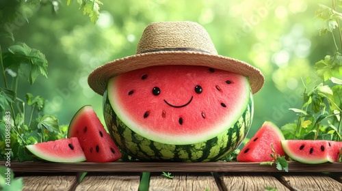 watermelon outdoors wooden table on green natural background,cartoon illustration style
