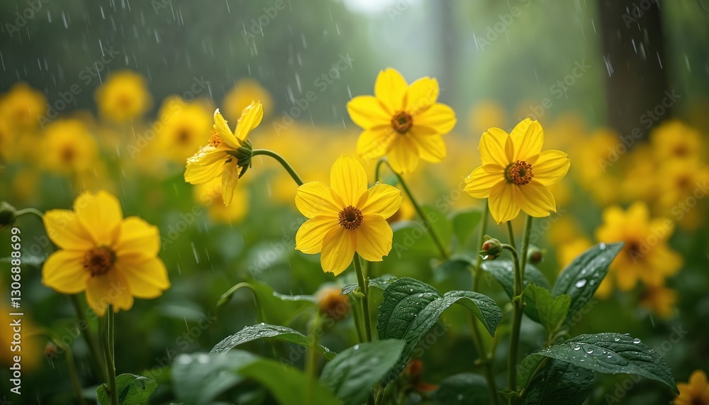 Obraz premium Close-up of bright yellow flowers covered in raindrops after heavy rain. Floral ground. Freshness of nature after spring shower. Wet petals, green leaves. Spring blossoming blooms, gardening backdrop.
