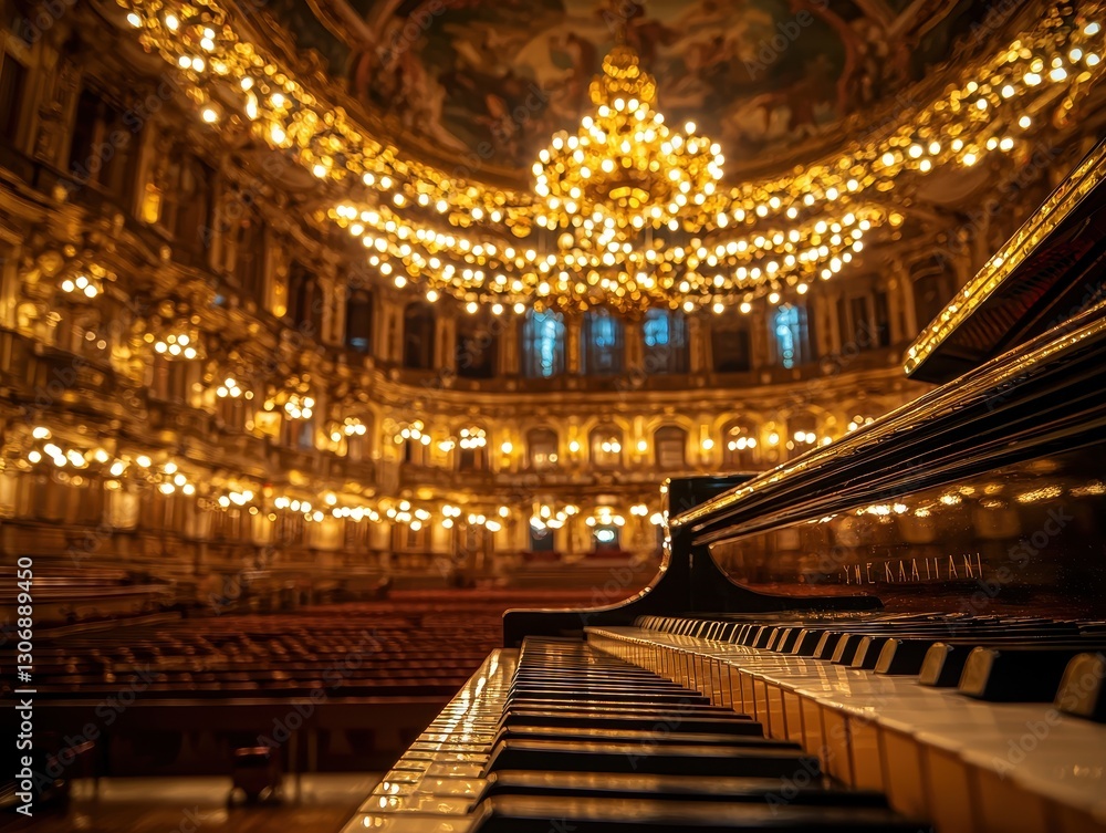 Obraz premium A close-up captures the fine details of a glossy black grand piano, its pristine surface reflecting a golden chandelier above. 