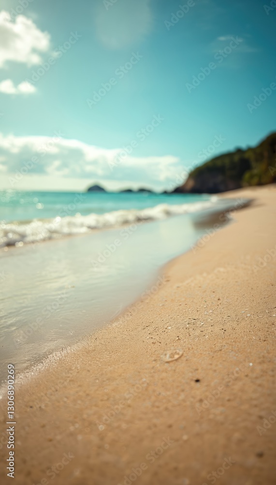 Fototapeta premium Paradise sandy beach with clear turquoise ocean water. Porto de Galinhas seaside in Pernambuco Brazil. Blue sky with clouds, tropical coast on sunny summer day. Seascape background for vacation.