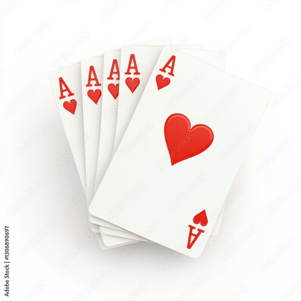 Fototapeta premium Four Aces of Hearts Playing Cards Close Up Studio Shot Gambling Concept White Background