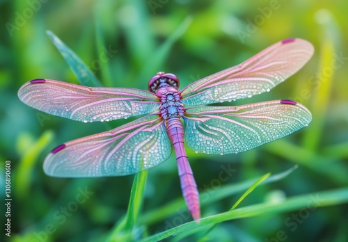 A dragonfly with water droplets is resting on a single blade of grass photo