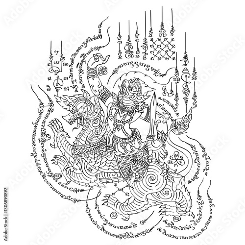 Thai Traditional tattoo. Hanuman Riding a Lion Yantra. Thai text translation: strength, courage, protection, and the ability to overcome any adversity.
