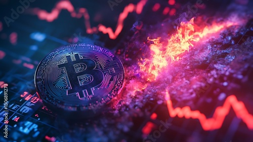 Burning Bitcoin with Blue and Purple Flames Disintegrating on Stock Market Board