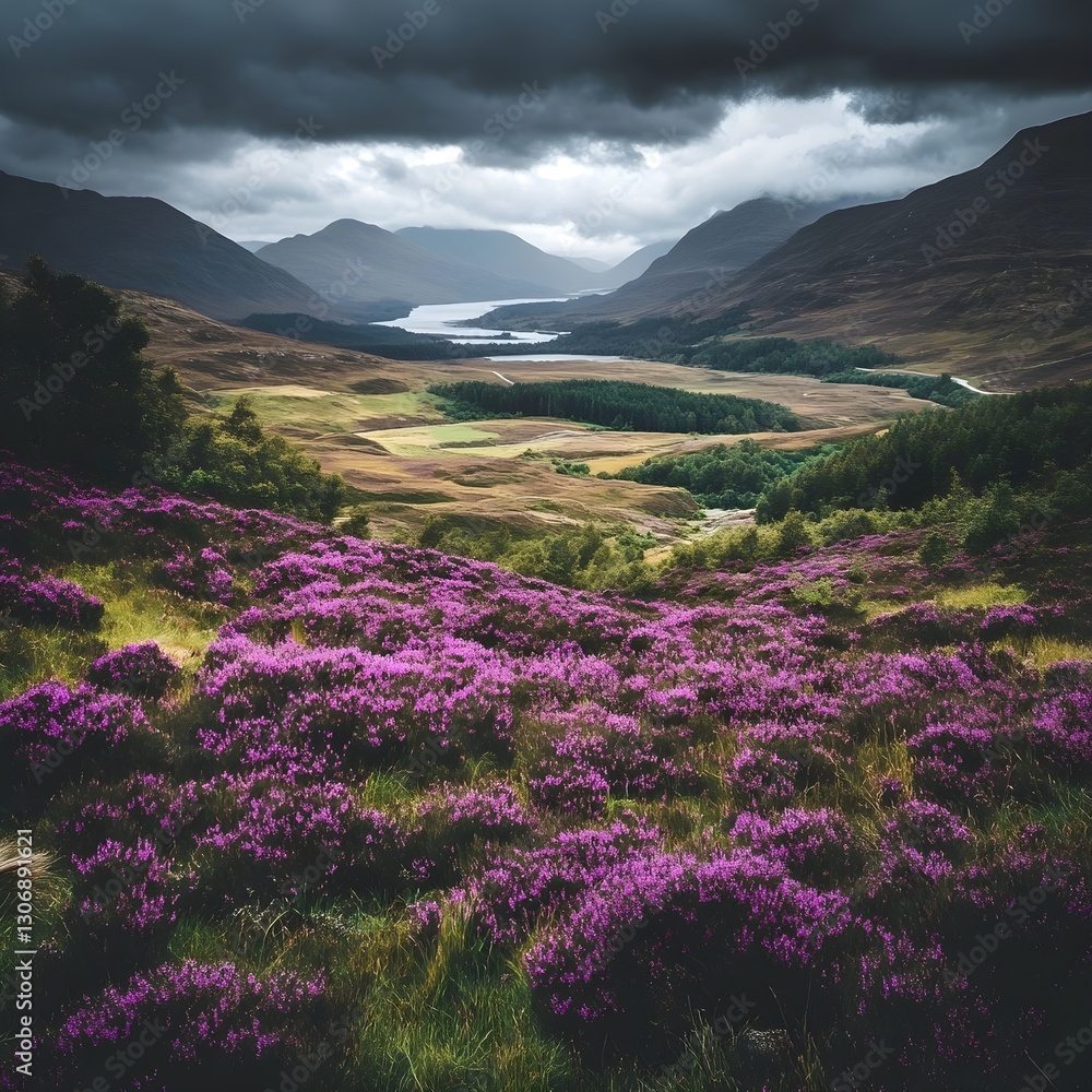 Fototapeta premium a breathtaking highland valley with purple heather in full bloom.