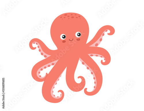 Cute flat octopus, cartoon sea animal character isolated illustration, hand drawn vector clipart for children