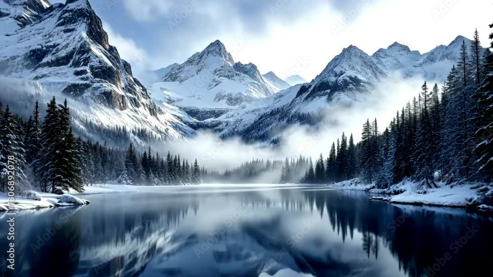 Serene winter landscape featuring snow-covered mountains and reflective lake Serene winter landscape featuring snow-covered mountains and reflective lake