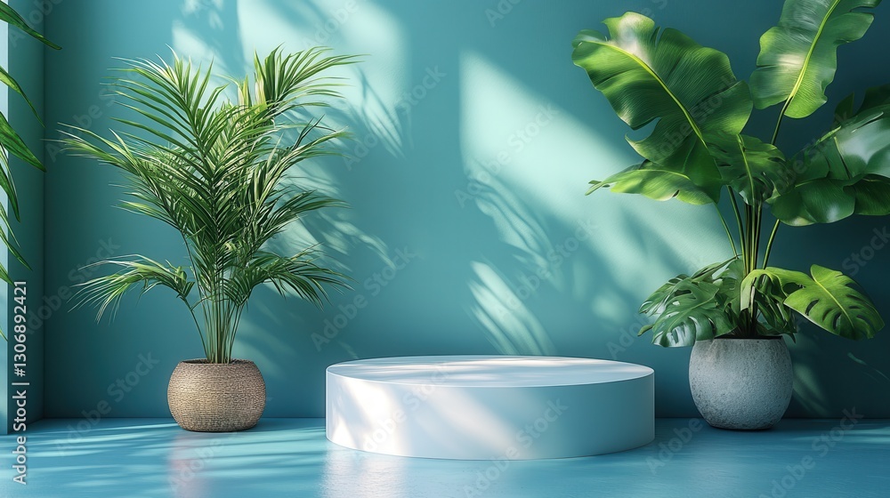 white podium with palm leaf on blue background,cartoon illustration style white podium with palm leaf on blue background,cartoon illustration style
