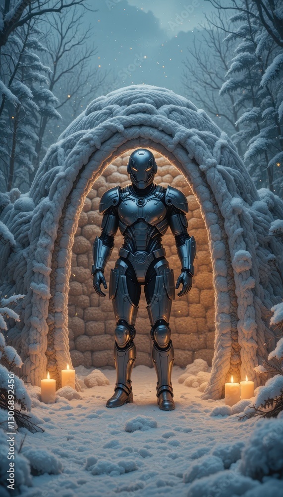 Futuristic Armored Robot Standing in Snowy Winter Forest Enigmatic Portal Futuristic Armored Robot Standing in Snowy Winter Forest Enigmatic Portal