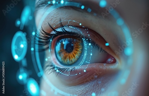 Close-up of human eye with futuristic tech interface. Digital biometric scan, iris recognition, cyber security, authentication. Artificial intelligence system, human-machine interaction, tracking