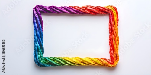 A large rectangular frame made of rope. The rope is made of rainbow colored threads.