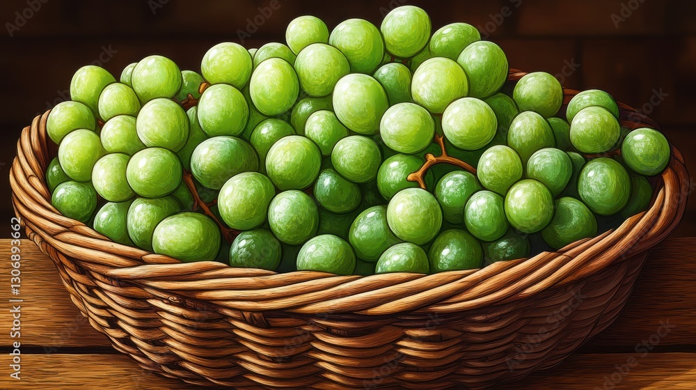 wicker basket with fresh green grapes isolated,cartoon illustration style wicker basket with fresh green grapes isolated,cartoon illustration style