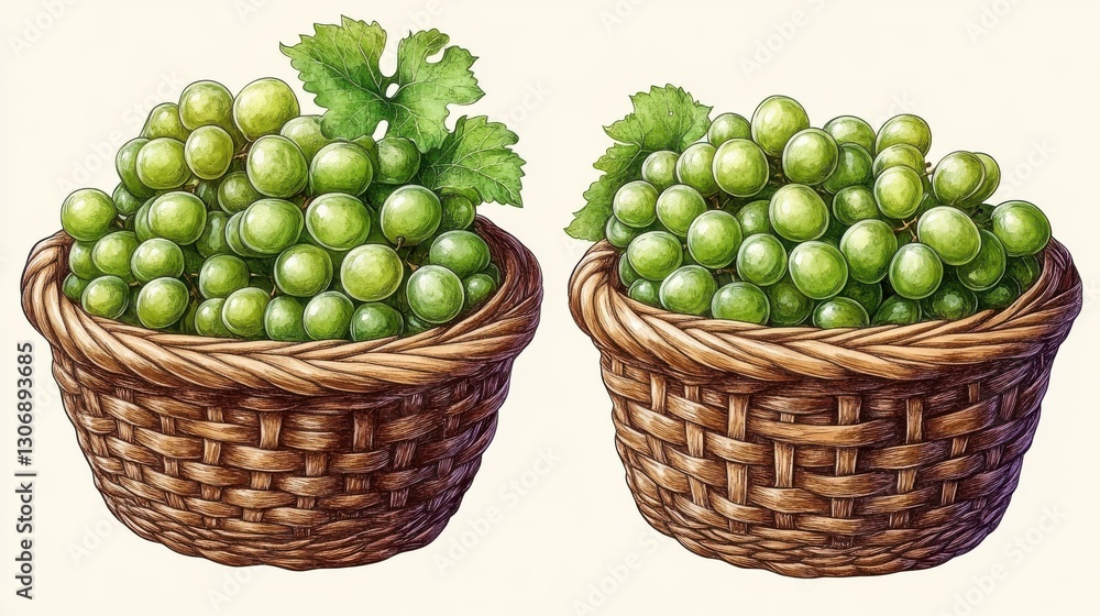 wicker basket with fresh green grapes isolated,cartoon illustration style wicker basket with fresh green grapes isolated,cartoon illustration style
