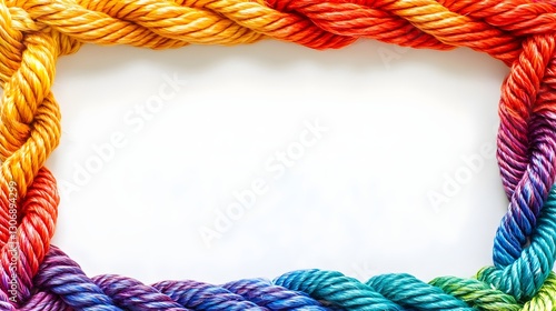 A large rectangular frame made of rope. The rope is made of rainbow colored threads.