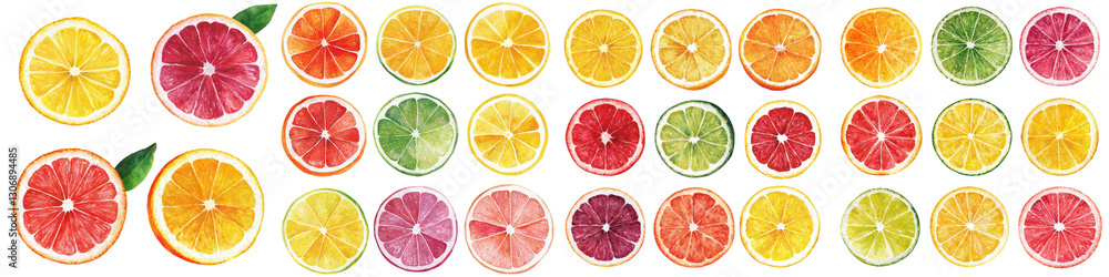 Fototapeta premium Assortment of Vibrant and Fresh Citrus Fruit Slices including Lemon Orange Grapefruit Lime and Tangerine on a Clean White Background Healthy Eating Nutrition and Summer Concept