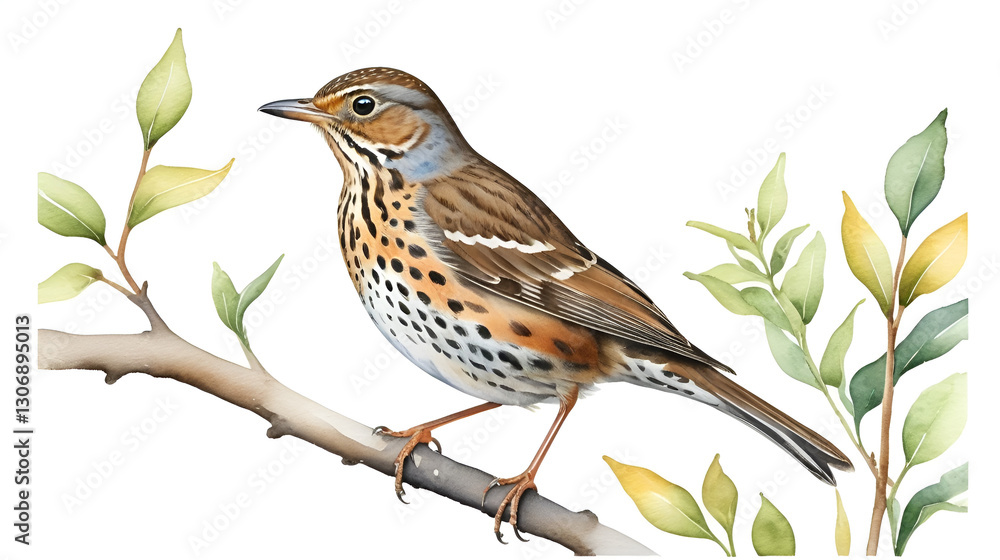 Fototapeta premium Watercolor painted song thrush bird on a white background.