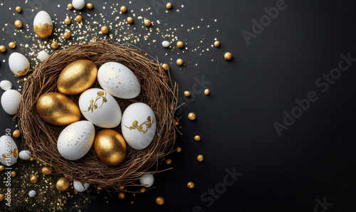Easter banner with golden and white porcelain eggs in a bird's nest on a black gloss background, top view, 