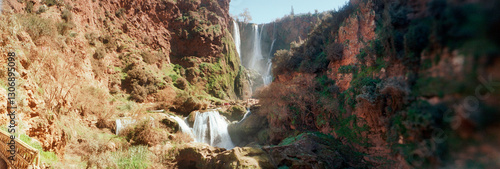Panoramic view of waterfall, Ouzoud Waterfalls, Grand Atlas, Tanaghmeilt, Azilal, Marrakesh, Morocco.